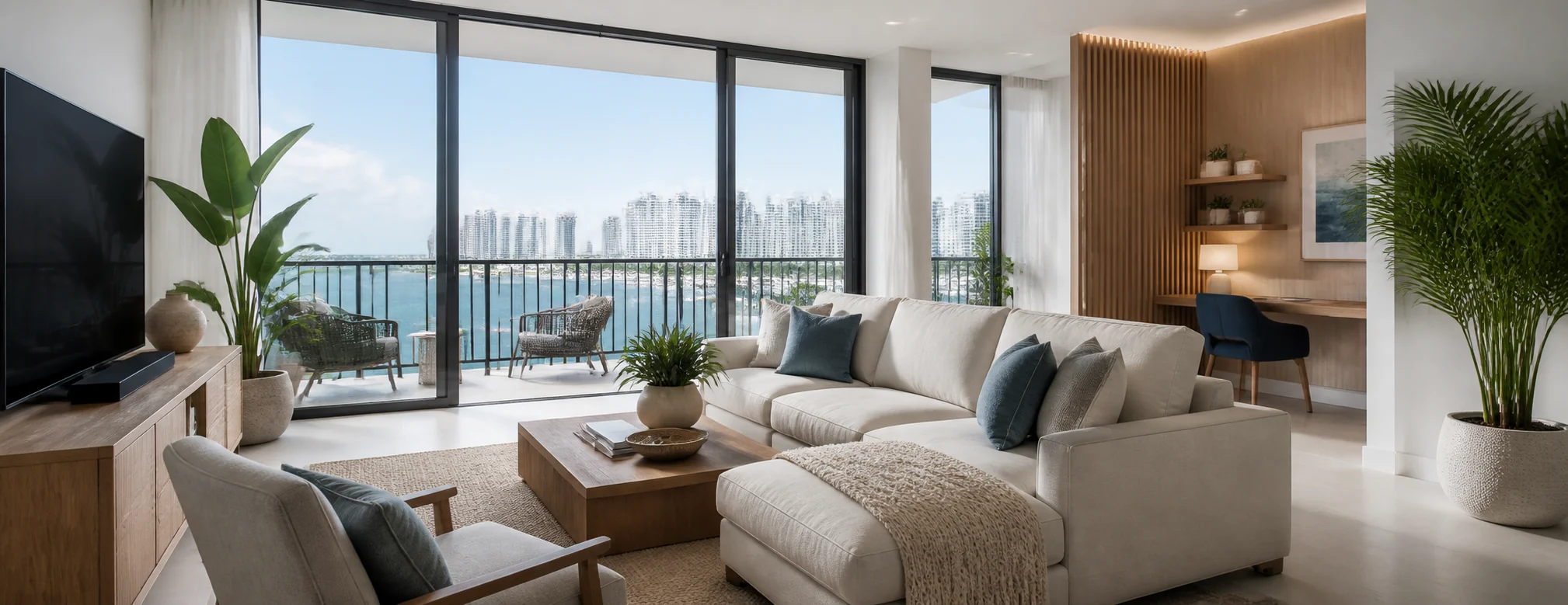 South Florida condo living room with water views and a workspace